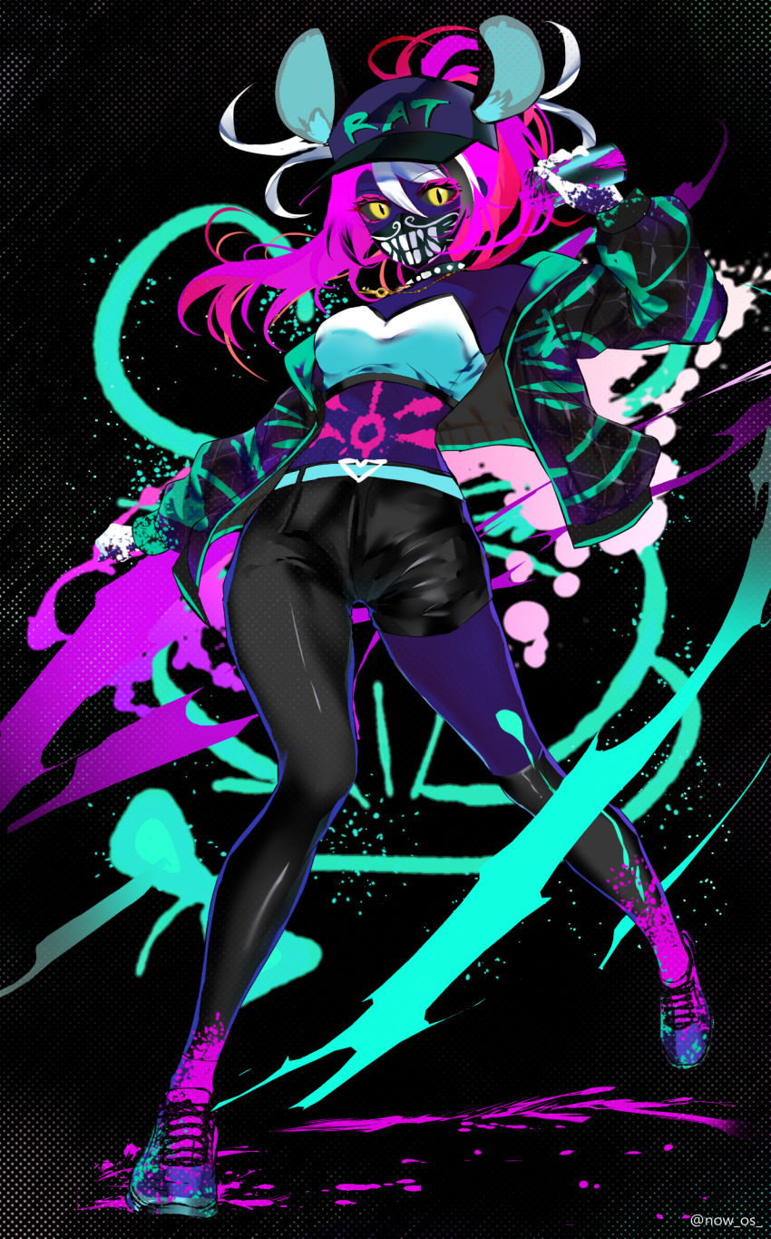 1girl akali akali_(cosplay) animal_ears asymmetrical_legwear asymmetrical_pants baseball_cap black_choker black_hair black_mask black_pants bodypaint breasts can choker colored_skin cosplay crop_top floating_hair full_body gold_necklace hakos_baelz hand_up hat highres holding holding_can hololive hololive_english jacket jewelry k/da_(league_of_legends) k/da_akali league_of_legends long_hair looking_at_viewer mask medium_breasts midriff mouse_ears mouth_mask multicolored_hair navel necklace paint_can paint_on_body paint_on_clothes pants pink_hair print_mask purple_jacket purple_skin red_hair shoes sneakers solo sowon spray_paint stomach streaked_hair studded_choker ultraviolet_light virtual_youtuber white_hair yellow_eyes