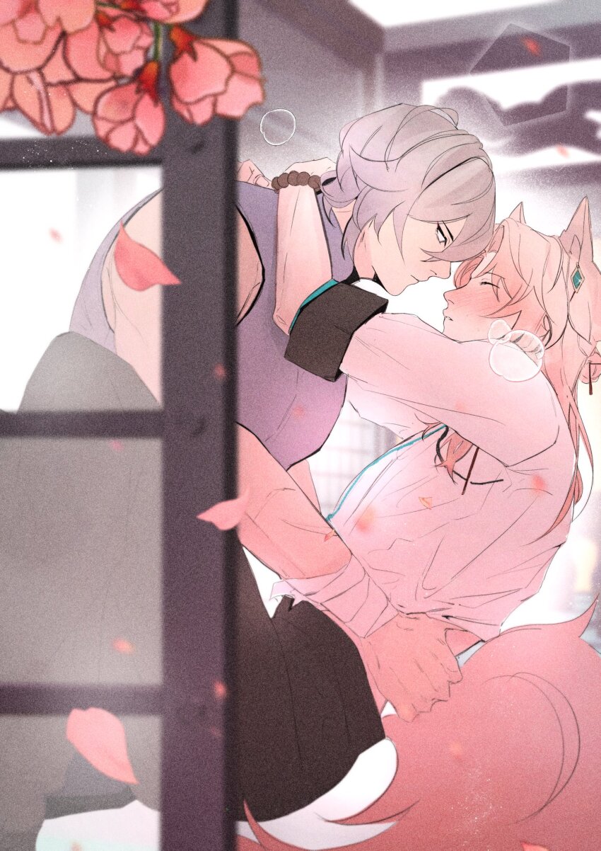 2boys animal_ears arm_around_neck bandaged_arm bandages black_pants blush bracelet cherry_blossoms closed_eyes closed_mouth commentary_request compression_shirt falling_petals film_grain flower fox_boy fox_ears fox_tail grey_hair highres honkai:_star_rail honkai_(series) jewelry jiaoqiu_(honkai:_star_rail) looking_at_another male_focus moze_(honkai:_star_rail) multiple_boys pants petals pink_flower purple_shirt shirt shouji sliding_doors tail thai_commentary thejuless white_shirt yaoi