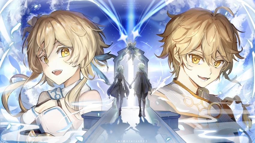 1boy 2girls aether_(genshin_impact) ahoge bare_shoulders blonde_hair cape capelet cloud cloudy_sky day dress feather_hair_ornament feathers floating flower full_body genshin_impact glowing hair_between_eyes hair_ornament halo highres holding_hands light_particles looking_at_viewer lumine_(genshin_impact) multiple_girls niarss open_mouth paimon_(genshin_impact) shadow short_hair sky star_(sky) starry_sky teeth upper_body white_dress white_flower white_hair yellow_eyes