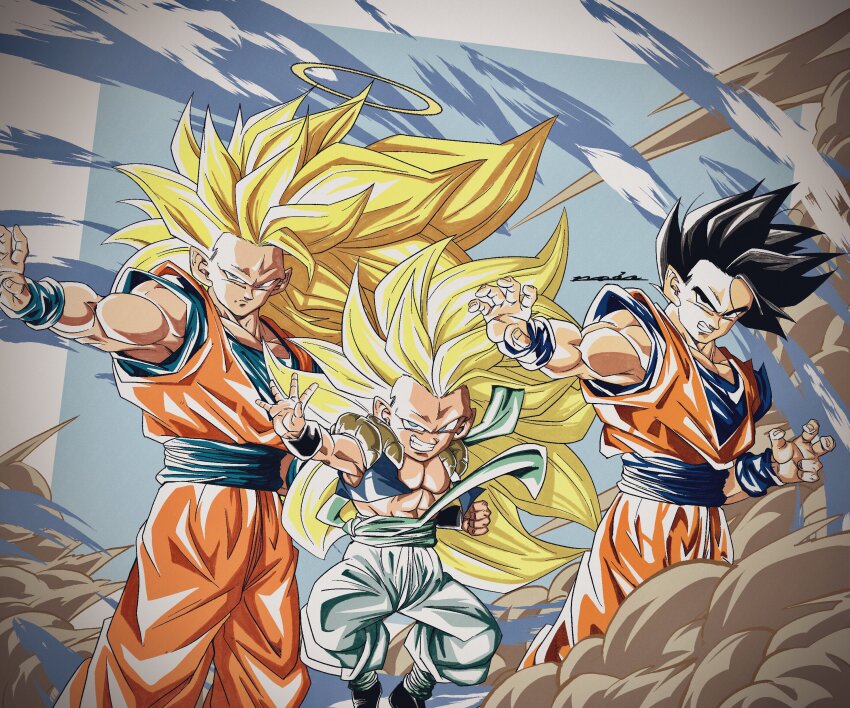 3boys absurdres black_eyes black_hair black_vest blonde_hair blue_sash blue_shirt brothers cowboy_shot cropped_vest dougi dragon_ball dragonball_z family father_and_son gotenks green_eyes group_picture halo highres long_hair metamoran_vest midair multiple_boys muscular muscular_male no_eyebrows noir_illust open_clothes open_vest orange_pants orange_shirt outstretched_arm pants parted_lips potential_unleashed sash shirt short_hair siblings smirk son_gohan son_goku spiked_hair standing teeth vest white_pants