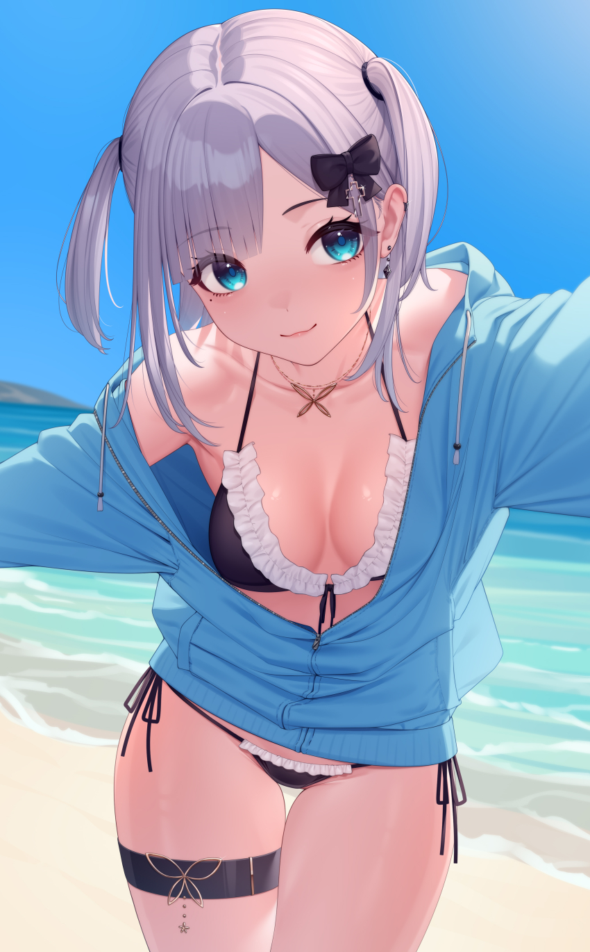 1girl absurdres beach bikini black_bikini black_bow blue_eyes blue_jacket blue_sky bow breasts contrapposto cowboy_shot cross_hair_ornament day earrings frilled_bikini frills front-tie_bikini_top front-tie_top grey_hair hair_bow hair_ornament highres hood hooded_jacket jacket jewelry kaga_sumire kaga_sumire_(summer_c102) long_hair looking_at_viewer medium_breasts mole mole_under_eye nikichiho ocean off_shoulder open_clothes open_jacket outdoors side-tie_bikini_bottom sky smile solo string_bikini swimsuit thigh_strap two_side_up virtual_youtuber vspo! water