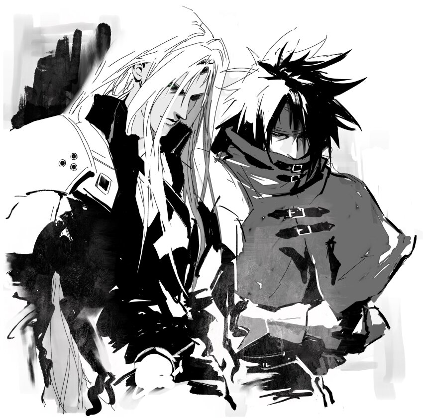 2boys absurdres armor chinese_commentary cloak closed_eyes closed_mouth coat collared_coat commentary_request covered_mouth cropped_legs final_fantasy final_fantasy_vii grey_background greyscale headband highres kyuu_vide long_hair male_focus monochrome multiple_boys parted_bangs pauldrons sephiroth shoulder_armor vincent_valentine wing_collar