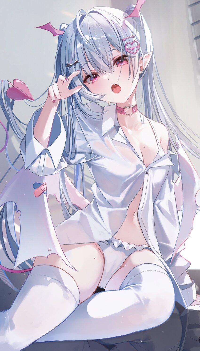 1girl :o absurdres bikini breasts choker cleavage collared_shirt demon_tail frilled_bikini frills head_wings highres long_hair low_wings myowa o-ring o-ring_choker original partially_unbuttoned pink_choker pink_eyes pink_nails pointy_ears shirt solo swimsuit tail thighhighs twintails white_bikini white_hair white_shirt white_thighhighs white_wings wings
