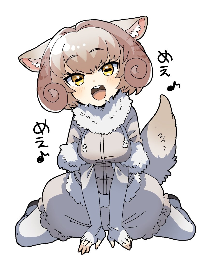 1girl beige_coat beige_shorts blush coat commentary_request elbow_gloves fingerless_gloves fur_collar fur_trim gloves highres horns kemono_friends looking_at_viewer multicolored_hair open_mouth pantyhose puffy_shorts sheep_(kemono_friends) sheep_girl sheep_horns sheep_tail short_hair short_sleeves shorts sitting solo tail translation_request white_fur white_gloves white_hair white_pantyhose yagidon