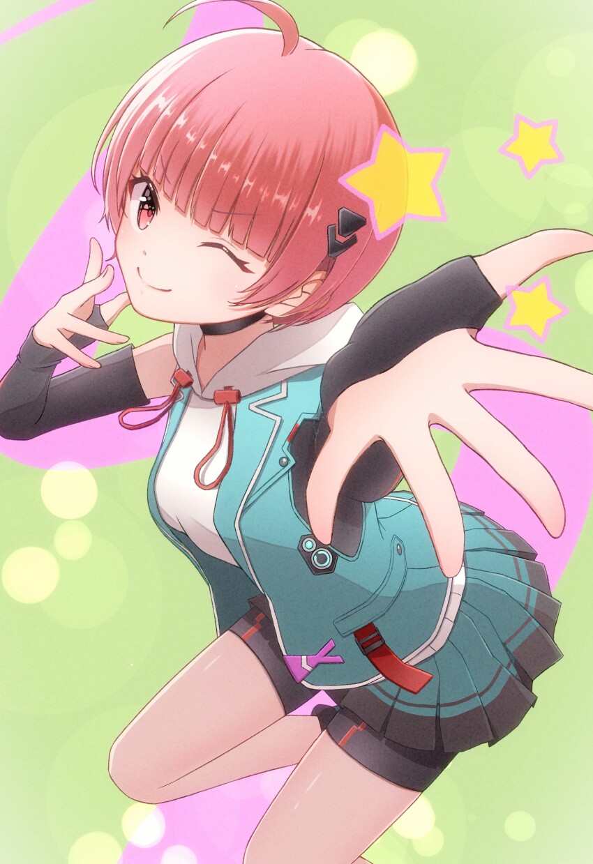 1girl ;) absurdres ahoge asaba_touka bike_shorts bike_shorts_under_skirt black_choker black_gloves black_shorts black_skirt blue_jacket blue_skirt blue_vest blunt_bangs breasts bridal_gauntlets choker closed_mouth drawstring elbow_gloves fingerless_gloves gloves green_background hair_ornament hands_up heaven_burns_red highres hood hood_down hoodie jacket looking_at_viewer medium_breasts miniskirt one_eye_closed ooshima_minori open_clothes open_hand open_vest outstretched_arm outstretched_hand pink_eyes pink_hair pleated_skirt reaching reaching_towards_viewer red_eyes red_hair short_hair shorts shorts_under_skirt skirt sleeveless sleeveless_hoodie sleeveless_jacket smile solo star_(symbol) v-shaped_eyebrows vest white_hoodie