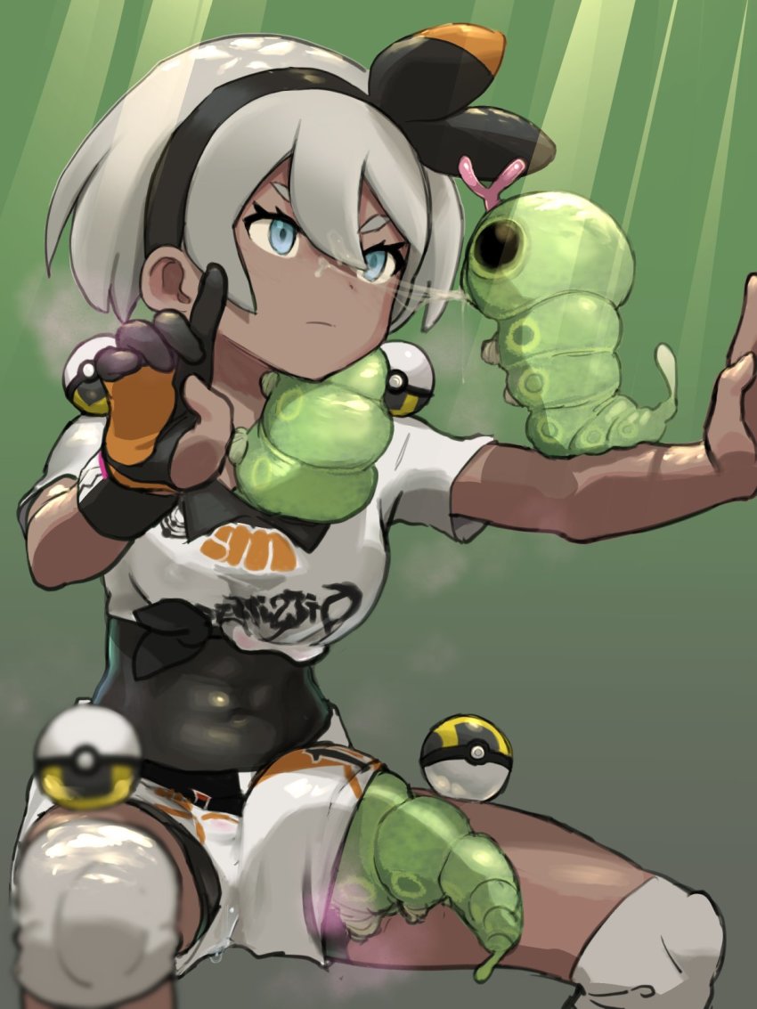 1girl 2equal8 animal animal_in_clothes battle_stance bea_(pokemon) blue_eyes bodysuit bodysuit_under_clothes bug caterpie closed_mouth commentary_request dark-skinned_female dark_skin drunken_master female_focus gen_1_pokemon gloves grey_hair gym_leader hair_between_eyes hairband highres horse_stance nintendo parody poke_ball pokemon pokemon_(creature) pokemon_swsh sexually_suggestive shirt short_hair short_sleeves shorts single_glove sportswear suggestive_fluid ultra_ball what white_shirt white_shorts wristband