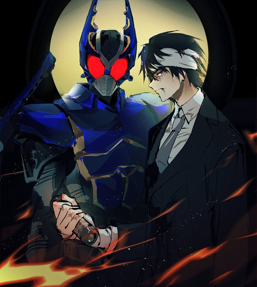 2boys armor black_hair blue_armor blue_helmet full_moon helmet highres kagami_arata kamen_rider kamen_rider_gatack kamen_rider_kabuto_(series) moon multiple_boys red_eyes short_hair tokusatsu verha_spo
