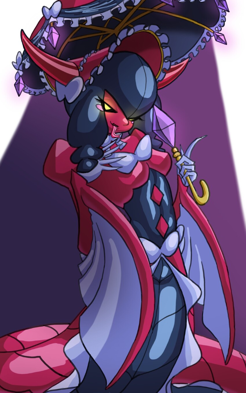 black_sclera blue_hair colored_sclera digimon digimon_(creature) hat highres horns lamia lamiamon laser_(akirawai) long_hair monster_girl ribbon yellow_eyes
