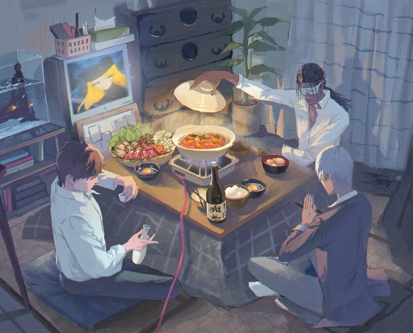 3boys absurdres aizen_sousuke aquarium black_hair bleach bottle brown_hair brown_jacket casual choko_(cup) chopsticks collared_shirt commentary contemporary cup dark-skinned_male dark_skin dress_shirt food from_above full_body ginga_tetsudou_999 goggles grey_hair highres holding holding_bottle holding_chopsticks holding_cup ichimaru_gin indian_style indoors jacket kotatsu long_hair long_sleeves multiple_boys mylittleimp nabe sake_bottle scenery shirt short_hair sitting symbol-only_commentary table television tousen_kaname white_shirt