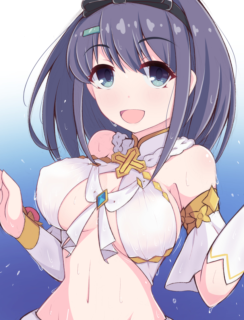 1girl :d absurdres bare_shoulders black_hairband blue_eyes breasts commentary_request cosplay covered_erect_nipples cross dancer detached_sleeves hair_between_eyes hair_ornament hairband hairclip halterneck highres kuroha_koudai large_breasts light_blush looking_at_viewer misora_(princess_connect!) navel open_mouth princess_connect! purple_hair short_hair sideboob smile solo stomach upper_body yui_(ceremonial)_(princess_connect!) yui_(princess_connect!) yui_(princess_connect!)_(cosplay)