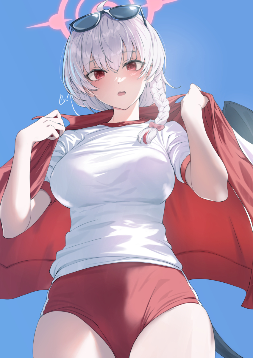 1girl ahoge black_tail blue_archive blue_background blue_sky braid buruma cow ev_(dai00888) eyewear_on_head gym_shirt gym_uniform halo haruna_(blue_archive) haruna_(track)_(blue_archive) highres jacket jacket_on_shoulders official_alternate_costume open_clothes open_jacket open_mouth red_buruma red_eyes red_halo shirt side_braid sky track_jacket white_hair white_shirt