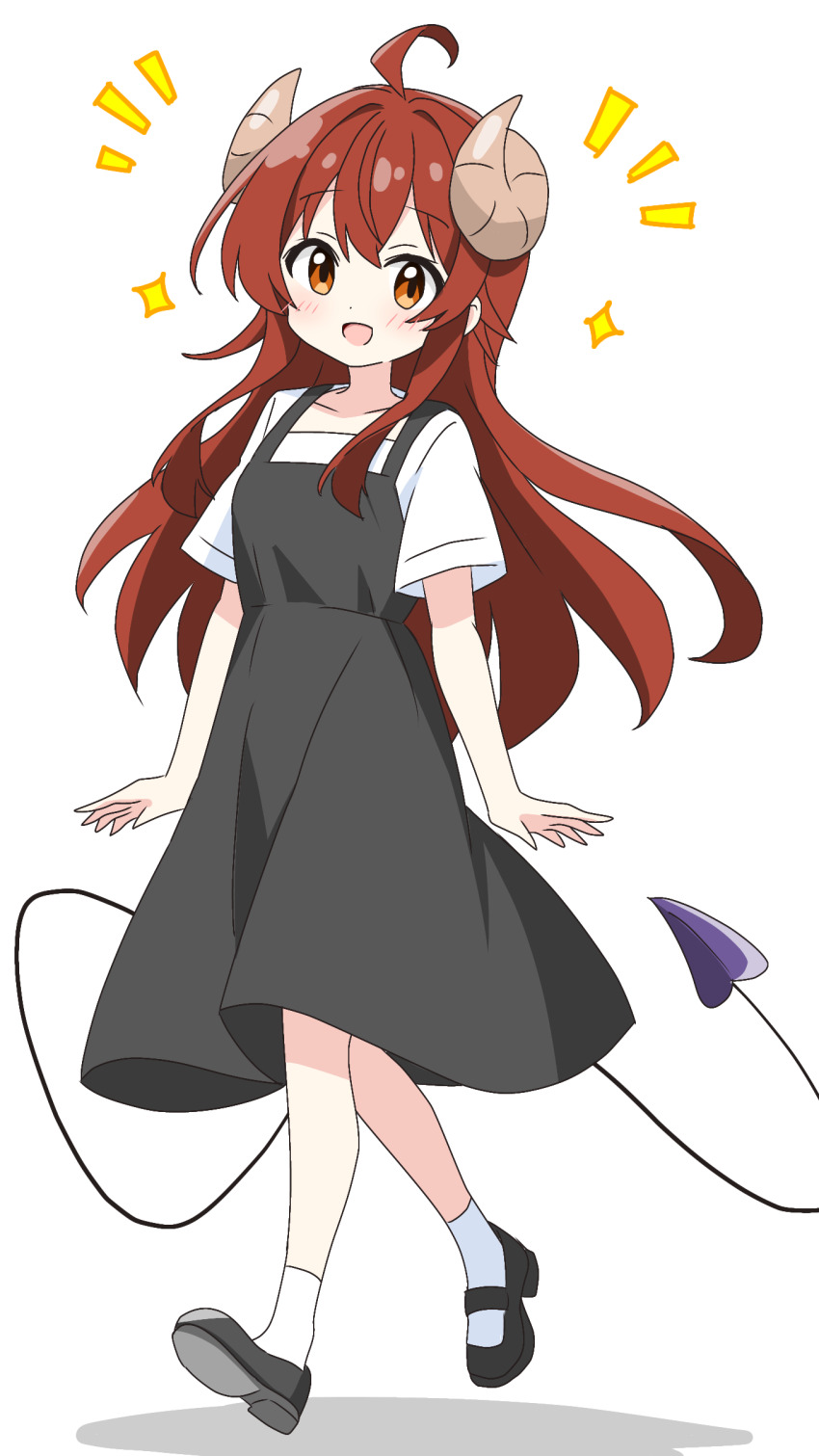 1girl :d absurdres ahoge black_dress blush brown_hair brown_horns commentary_request curled_horns demon_girl demon_tail dot_nose dress full_body highres horns kotatsu-mazoku long_hair looking_at_viewer machikado_mazoku mary_janes notice_lines open_mouth pinafore_dress shirt shoes short_sleeves simple_background sleeveless sleeveless_dress smile socks solo sparkle tail walking white_background white_shirt white_socks yoshida_yuuko_(machikado_mazoku)