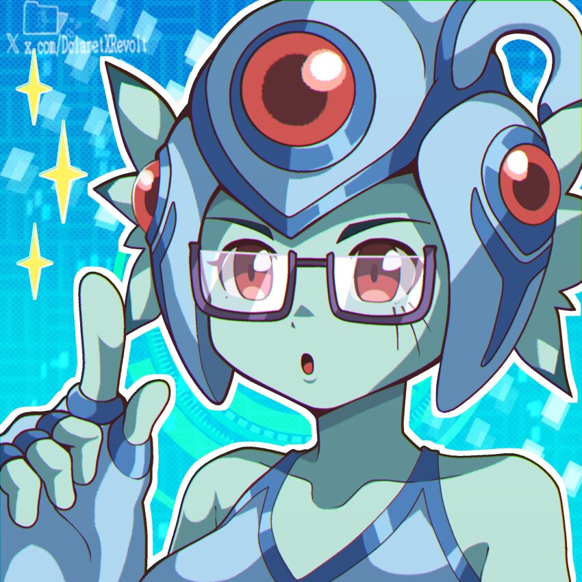 1girl blue_background blue_hat blue_one-piece_swimsuit dclaret digimon digimon_(creature) glasses hat highres meme_request one-piece_swimsuit ranamon red_eyes semi-rimless_eyewear solo swimsuit twitter_username under-rim_eyewear upper_body watermark web_address