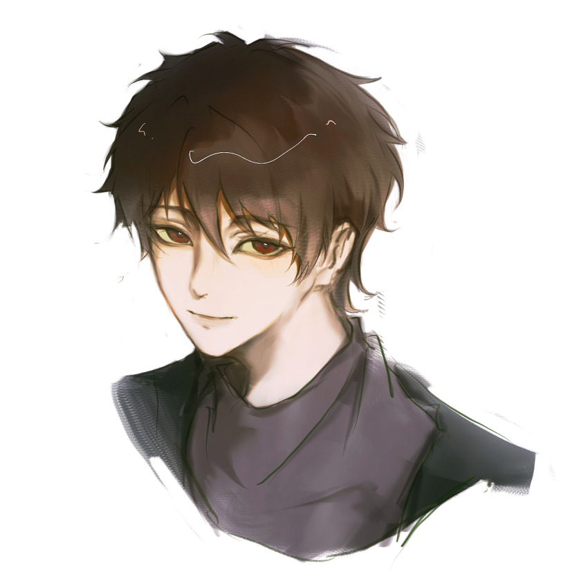 1boy black_jacket brown_hair chinese_commentary closed_mouth commentary_request cropped_shoulders hair_between_eyes harada_minoru highres jacket male_focus open_clothes open_jacket purple_shirt qingyou047 red_eyes saibou_shinkyoku sanpaku shirt short_hair simple_background smile solo white_background