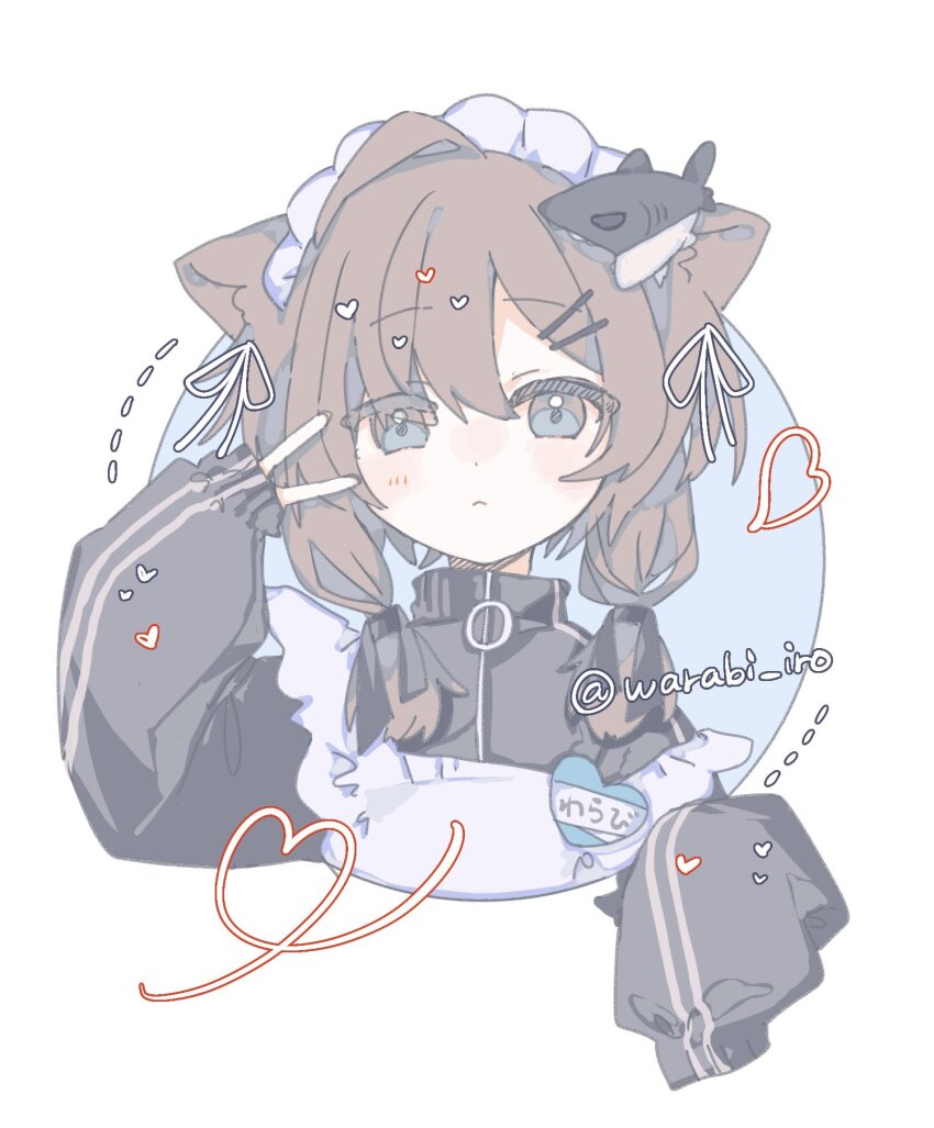 1girl :&lt; ahoge animal animal_ear_fluff animal_ears animal_on_head apron artist_name black_jacket black_ribbon blue_background blue_eyes blush borrowed_character brown_hair cat_ears cat_girl circle closed_mouth cropped_torso double_vertical_stripe expressionless fish_hair_ornament frilled_apron frills hair_between_eyes hair_ornament hair_ribbon hairclip hand_up heart heart_of_string high_collar highres jacket jersey_maid long_hair long_sleeves looking_at_viewer low_twintails mafuyu_(vrchat) maid maid_apron maid_headdress medium_hair name_tag on_head ribbon short_hair short_twintails sidelocks simple_background sleep_mask sleeves_past_fingers sleeves_past_wrists solo strap_slip track_jacket turtleneck turtleneck_jacket twintails twitter_username two-tone_background unconventional_maid upper_body v v_over_eye vrchat warabi_iro white_apron white_background x_hair_ornament