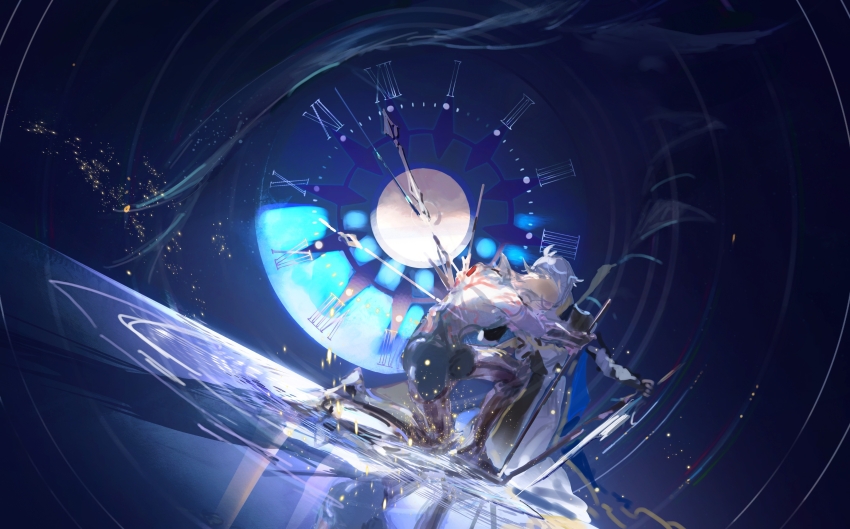 2boys 40080028157 absurdres antenna_hair armored_boots back_tattoo black_pants black_shirt blonde_hair blue_cape boots cape chinese_commentary clock coat commentary_request dutch_angle highres honkai:_star_rail honkai_(series) impaled male_focus multiple_boys mydei_(honkai:_star_rail) on_one_knee pants phainon_(honkai:_star_rail) red_tattoo ripples roman_numeral shirt short_hair tattoo topless_male white_coat white_hair