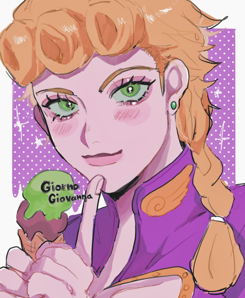 1boy blonde_hair blush braid character_name cleavage_cutout clothing_cutout collared_jacket drawn_star earrings eyelashes eyeshadow finger_to_own_chin food giorno_giovanna green_eyes halftone halftone_background highres holding holding_ice_cream_cone ice_cream ice_cream_cone jacket jewelry jojo_no_kimyou_na_bouken long_hair looking_at_viewer makeup male_focus matubaru_chan pink_background pink_eyeshadow pink_jacket pink_theme portrait smile solo sparkle stud_earrings vento_aureo victory_rolls wing_ornament