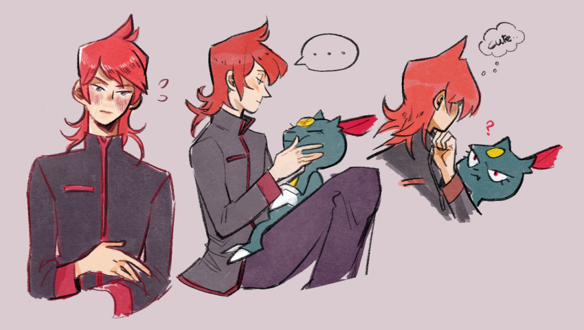 ... 1boy ? blush closed_mouth commentary english_commentary flying_sweatdrops game_freak gen_2_pokemon grey_eyes hand_up jacket long_sleeves looking_to_the_side male_focus medium_hair monkii_(mjooolnina) multiple_views nintendo pokemon pokemon_(creature) pokemon_hgss red_hair silver_(pokemon) sneasel speech_bubble spoken_ellipsis thought_bubble