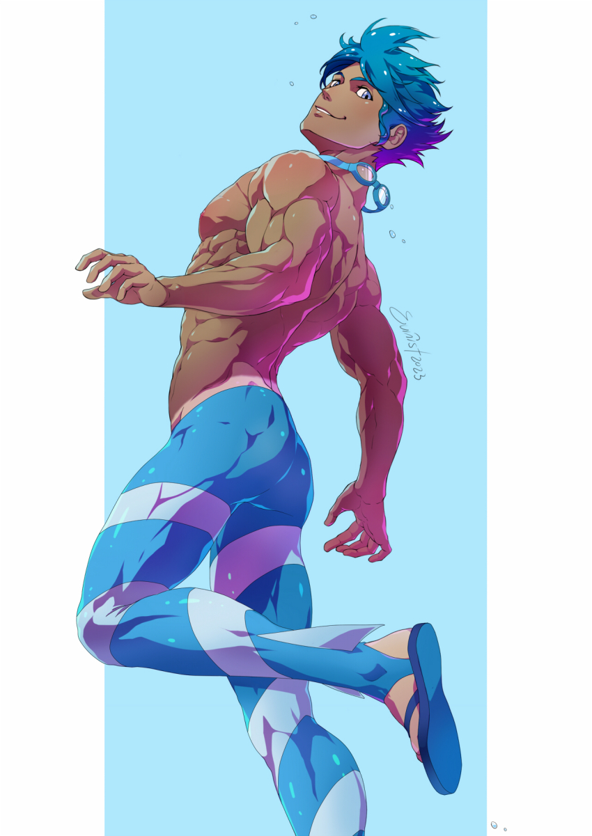 1boy abs ass bara blue_eyes blue_hair blue_male_swimwear dark-skinned_male dark_skin dated evinist flip-flops goggles goggles_around_neck highres large_pectorals legskin looking_at_viewer male_focus male_swimwear marlon_(pokemon) muscular muscular_male nintendo nipples pectorals pokemon pokemon_bw2 sandals short_hair signature smile solo stirrup_legwear toeless_legwear