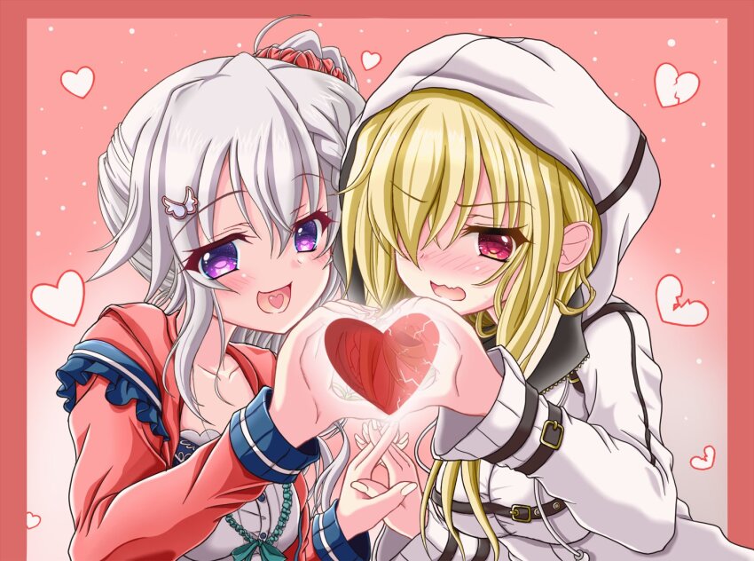 2girls 9-nine- :d ahoge belt black_belt blonde_hair blush breasts butterfly_hair_ornament cardigan collarbone commentary_request embarrassed eyes_visible_through_hair ghost_(9-nine-) grey_hair hair_between_eyes hair_ornament hair_over_one_eye hair_scrunchie hands_up happy heart heart_hands heart_hands_duo heart_in_heart_hands heart_in_mouth holding_hands hood hood_up hoodie interlocked_fingers large_breasts long_hair long_sleeves looking_at_viewer multiple_girls niimi_sora nineball0211 nose_blush one_eye_covered open_cardigan open_clothes open_mouth pink_background purple_eyes red_cardigan red_eyes red_scrunchie scrunchie shirt side-by-side side_ponytail sidelocks simple_background smile upper_body white_hoodie white_shirt