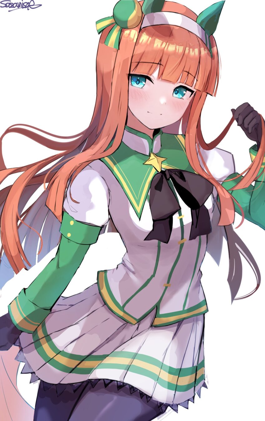 1girl aqua_eyes black_bow black_bowtie black_gloves black_pantyhose blunt_bangs bow bowtie breasts closed_mouth ear_covers feet_out_of_frame gloves hairband highres hime_cut horse horse_girl horse_tail juliet_sleeves long_hair long_sleeves looking_at_viewer pantyhose pleated_skirt puffy_sleeves sazamiso_rx signature silence_suzuka_(umamusume) skirt small_breasts solo tail umamusume upper_body white_background white_hairband white_skirt