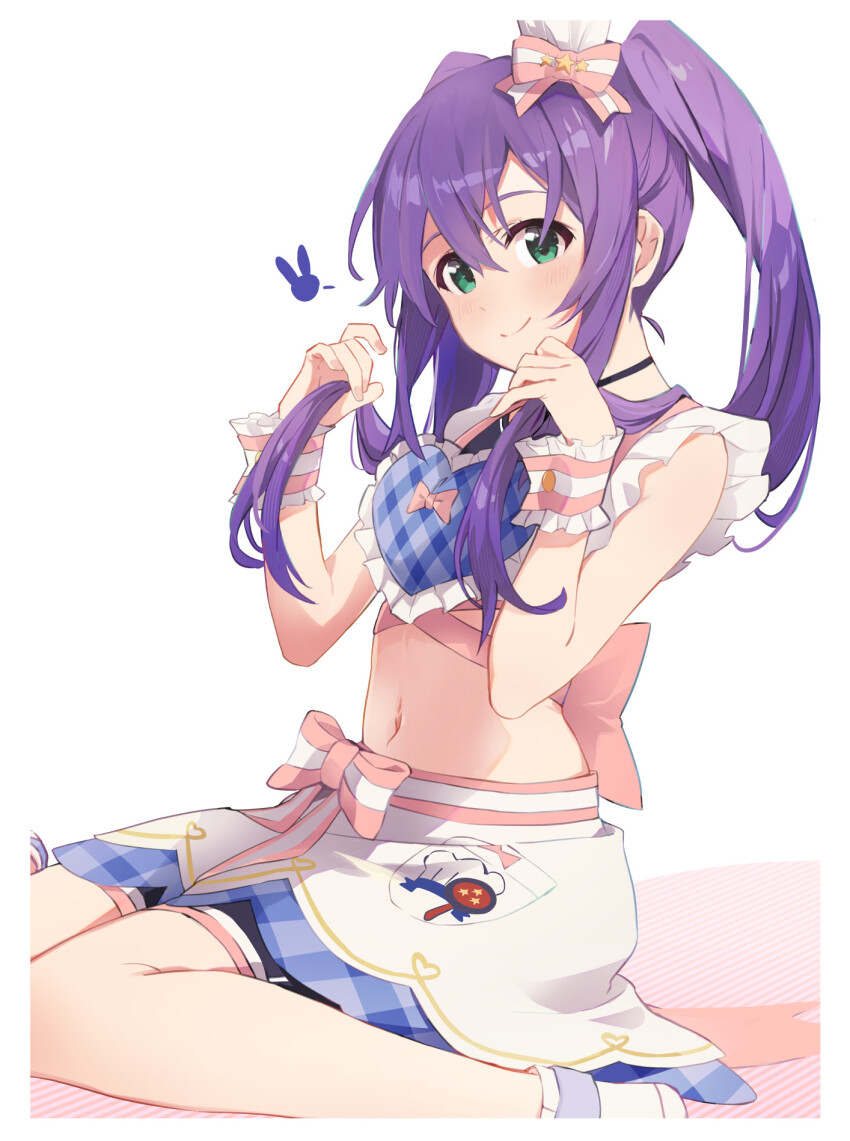1girl ahoge animal_ear_hairband animal_ears back_bow bike_shorts blush bow breasts closed_mouth commentary crop_top double-parted_bangs fake_animal_ears frilled_shirt frills green_eyes hair_between_eyes hair_bow hair_ornament hairband highres holding holding_own_hair idolmaster idolmaster_million_live! idolmaster_million_live!_theater_days long_hair long_sidelocks looking_at_viewer midriff mochizuki_anna navel plaid_clothes plaid_shirt plaid_skirt purple_hair rabbit_ear_hairband rabbit_ears shirt sidelocks simple_background sitting skirt small_breasts smile solo symbol-only_commentary twintails waist_bow wariza white_background wrist_cuffs yoshito