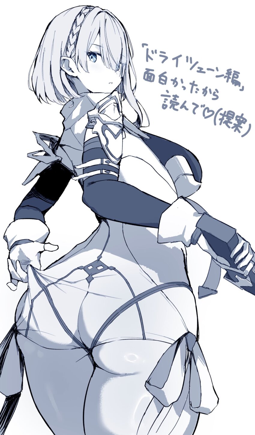 1girl acow adjusting_clothes adjusting_shorts ass bodysuit braid copyright_request dreizehn_(shadowverse) from_behind greyscale highres medium_hair monochrome shadowverse:_worlds_beyond shorts simple_background solo tight_clothes translation_request white_background