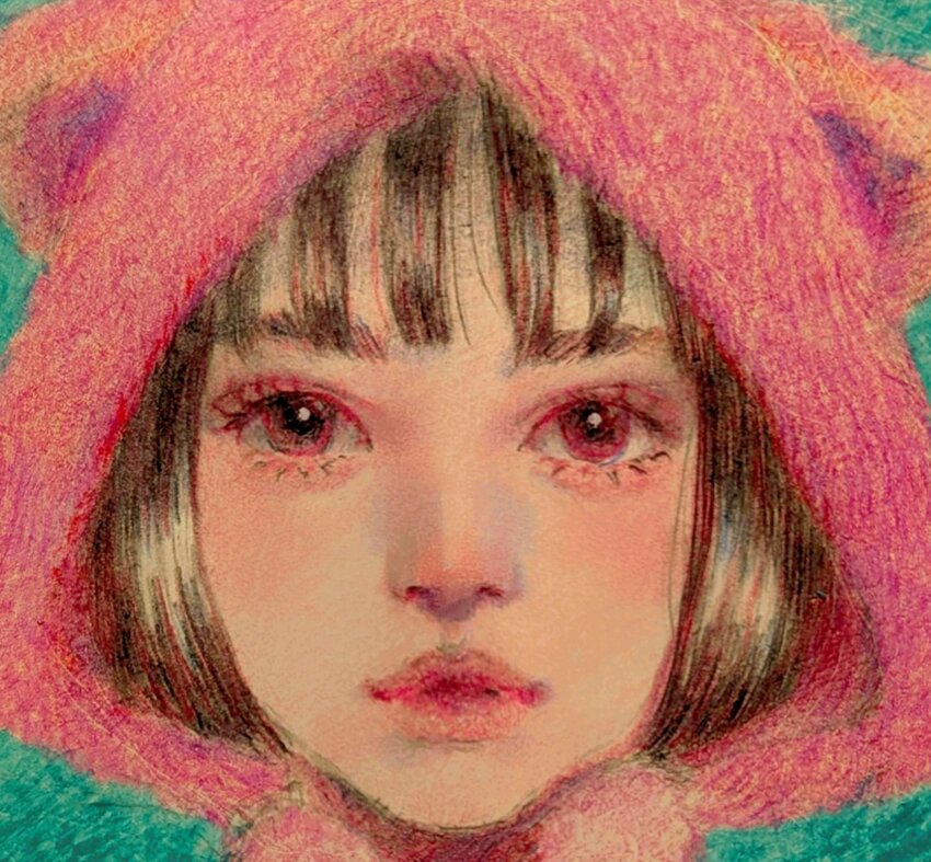1girl animal_ears animal_hood black_hair blunt_bangs bob_cut close-up closed_mouth commentary eyelashes fake_animal_ears higashikata_daiya highres hood hood_up jojo_no_kimyou_na_bouken jojolion lips looking_at_viewer makeup pink_eyes pink_hood portrait red_lips short_hair solo traditional_media translated umasandaa
