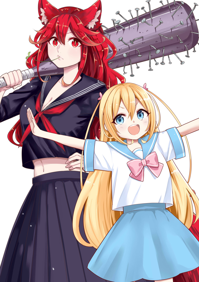 absurdres animal_ears baseball_uniform child highres in_mouth multiple_girls smile spiked_bat sportswear