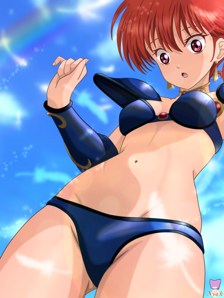 1girl absurdres arm_up armor asagiri_youko bikini bikini_armor blue_bikini breasts brown_eyes brown_hair choker cloud earrings from_below genmu_senki_leda gluteal_fold highres jewelry long_hair looking_down navel nyahoekaki1 outdoors rainbow shoulder_armor sky solo stomach swimsuit thighs vambraces