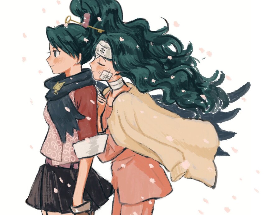 1girl ace_attorney ace_attorney_investigations ace_attorney_investigations_2:_prosecutor&#039;s_gambit bandaged_head bandaged_neck bandages bandaid bandaid_on_face behind_another black_hair black_skirt blush closed_eyes closed_mouth curly_hair dual_persona from_side green_eyes hair_ornament high_ponytail highres hospital_gown karakusa_(pattern) kay_faraday key long_hair long_sleeves pleated_skirt ponytail renshu_usodayo scarf simple_background skirt smile white_background