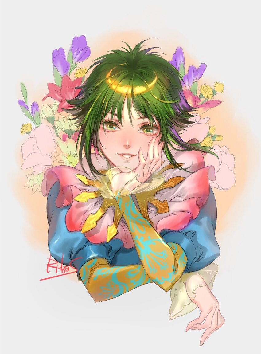 1girl asellus_(saga_frontier) collar flower frilled_collar frills green_eyes green_hair hand_on_own_cheek hand_on_own_face head_rest highres juliet_sleeves light_blush long_sleeves pink_flower puffy_sleeves purple_flower red_flower saga saga_frontier signature smile solo suzuki_rika upper_body yellow_flower