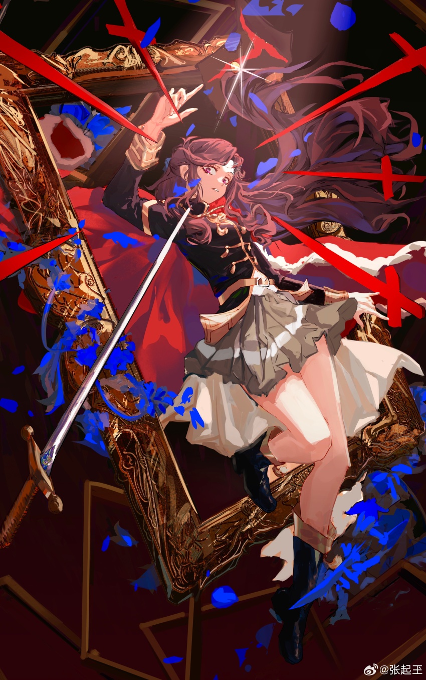 1girl \m/ absurdres aiguillette ankle_boots arm_up badge belt_buckle black_background black_boots black_jacket blue_petals boots brown_background brown_hair buckle cape chinese_commentary collared_jacket commentary_request curled_fingers d: empty_picture_frame falling_petals fingernails floating floating_hair floating_object floating_weapon full_body fur-trimmed_jacket fur_trim glass_shards glint gold_belt gold_sleeve_cuffs gold_trim gradient_background grey_skirt hair_tie head_tilt high_collar highres jacket leaning_back leg_up long_hair long_sleeves looking_at_object open_mouth parted_lips petals picture_frame pink_eyes pleated_skirt pointing_melee_weapon pointing_sword qisu_zhang red_jacket shoujo_kageki_revue_starlight single_horizontal_stripe skirt solo spotlight sword tassel tendou_maya unworn_jacket waist_cape watermark weapon weibo_watermark white_cape wide-eyed