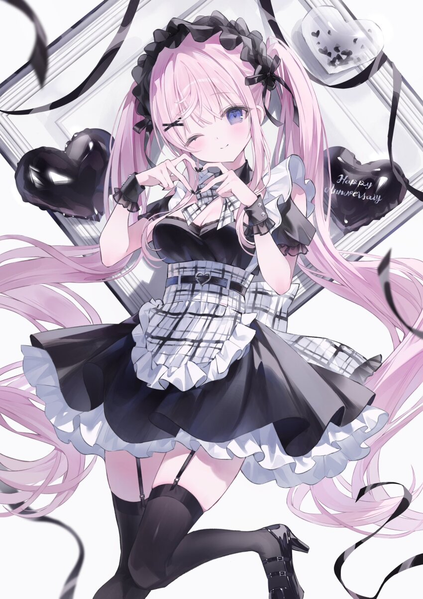 1girl four-finger_heart_hands ;) apron balloon black_dress black_footwear black_nails black_thighhighs blue_eyes breasts cleavage dress frilled_dress frills garter_straps hair_ornament heart heart_balloon heart_hands high_heels highres himeno_aimu indie_virtual_youtuber long_hair maid_apron maid_headdress medium_breasts nail_polish noah_(0noah) one_eye_closed pink_hair puffy_short_sleeves puffy_sleeves short_sleeves smile solo thighhighs very_long_hair virtual_youtuber white_apron wrist_cuffs x_hair_ornament
