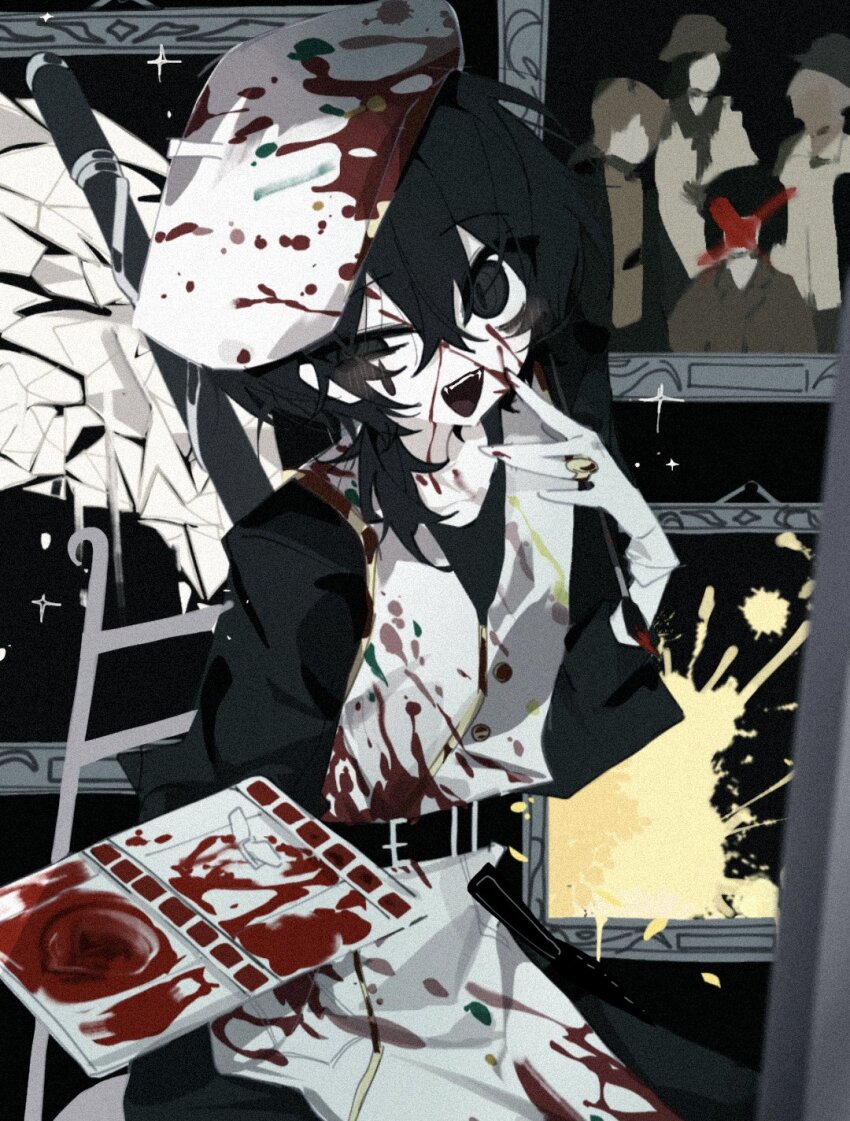 1boy apron beret black_eyes black_hair black_pants black_shirt blood blood_on_clothes blood_on_hat hat highres holding holding_paint_palette holding_paint_palette lemonail limbus_company long_sleeves looking_at_viewer low_ponytail open_mouth paint_palette paint_splatter pale_skin paint_palette pants ponytail project_moon ring_(identity)_(project_moon) shirt smile solo white_apron white_hat yi_sang_(project_moon)
