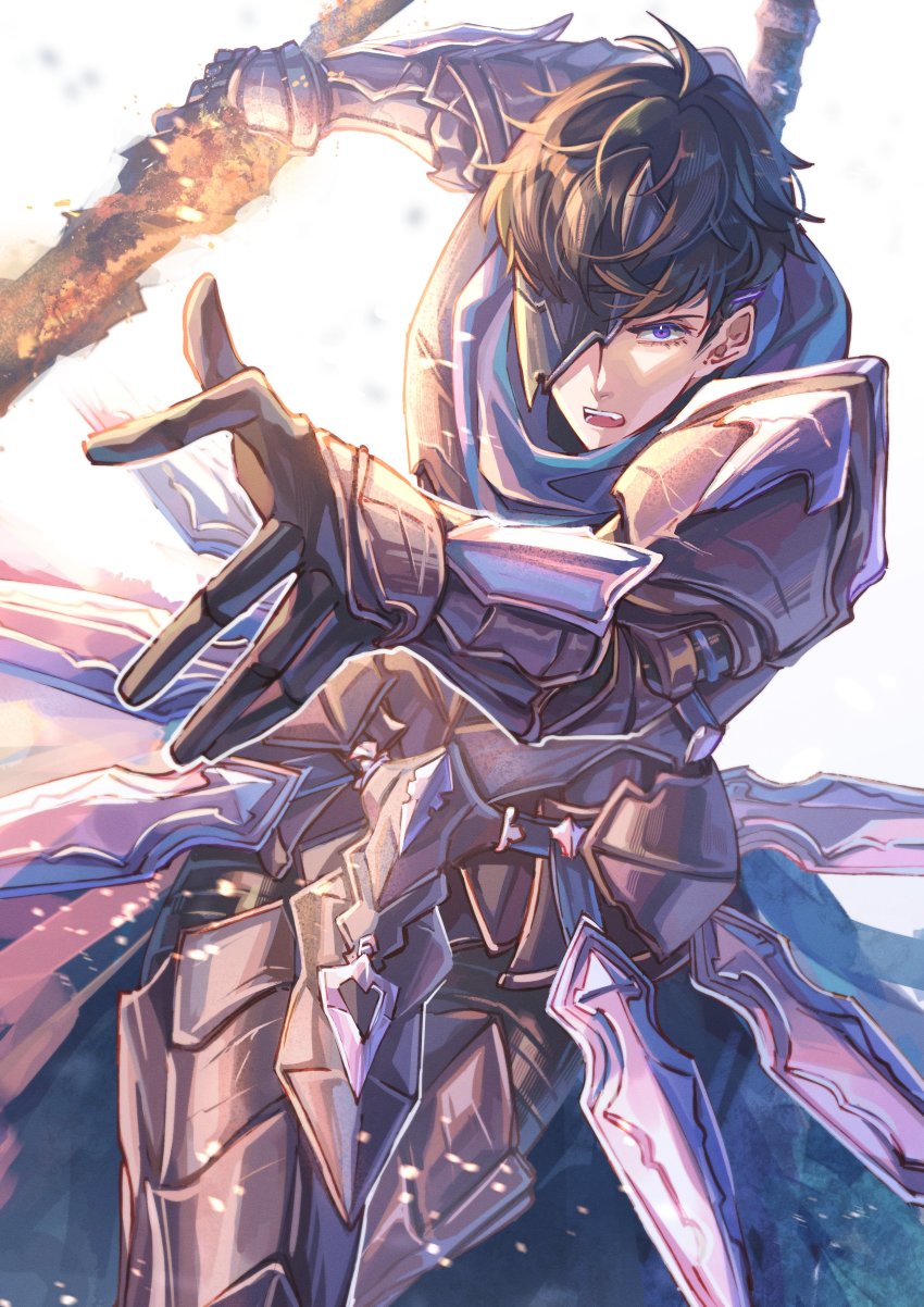 1boy absurdres alphen_(tales) alphen_(tales)_(cosplay) armor black_gloves black_hair commentary cosplay english_commentary fantasy gloves highres holding holding_sword holding_weapon knight male_focus armored_boots nijisanji nijisanji_id one_eye_covered open_hand purple_eyes reza_avanluna solo sword tales_of_(series) tales_of_arise virtual_youtuber weapon white_background yaku_(999ykseo)