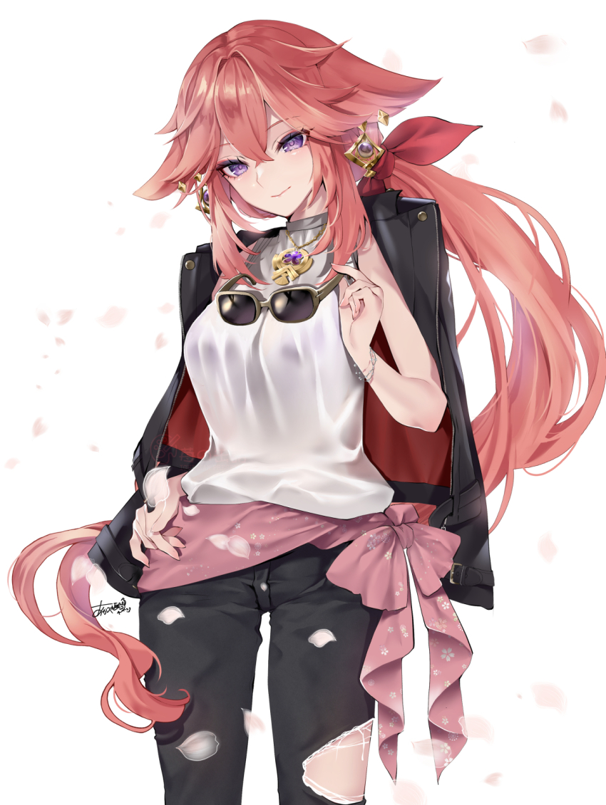 1girl akatsuki_hijiri animal_ears black_jacket black_pants breasts contemporary earrings fox_ears genshin_impact highres jacket jacket_on_shoulders jewelry large_breasts long_hair looking_at_viewer necklace pants pendant pink_hair purple_eyes sash shirt sidelocks sleeveless sleeveless_shirt smile solo sunglasses thighs unworn_eyewear very_long_hair white_shirt yae_miko