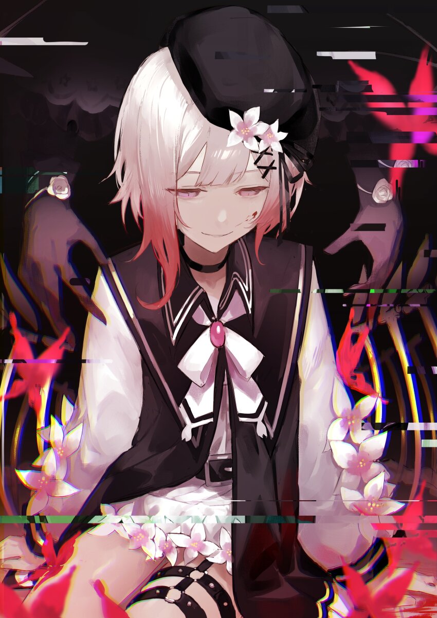 2girls absurdres beret black_choker black_dress black_gloves black_hat blood blood_on_face brooch bug butterfly choker commentary_request cowboy_shot dress empty_eyes flower glitch gloves gradient_hair hair_ornament half-closed_eyes hat highres insect jewelry kettle_(4693-42) long_sleeves mahou_shoujo_no_majo_saiban multicolored_hair multiple_girls neck_ribbon o-ring o-ring_thigh_strap pink_eyes pink_hair red_butterfly ribbon sakuraba_ema short_hair shorts sitting skeletal_wings smile solo_focus spoilers thigh_strap tsukishiro_yuki white_flower white_hair white_ribbon white_shorts wings x_hair_ornament