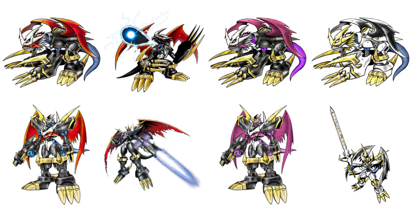 armor cannon claws corruption digimon digimon_(creature) digimon_adventure_02 digimon_adventure_02:_diablomon_no_gyakushu digimon_adventure_tri. dragon energy_sword horns imperialdramon imperialdramon_dragon_mode imperialdramon_dragon_mode_(black) imperialdramon_fighter_mode imperialdramon_fighter_mode_(black) imperialdramon_paladin_mode sharp_teeth simple_background sword tail teeth weapon white_background wings