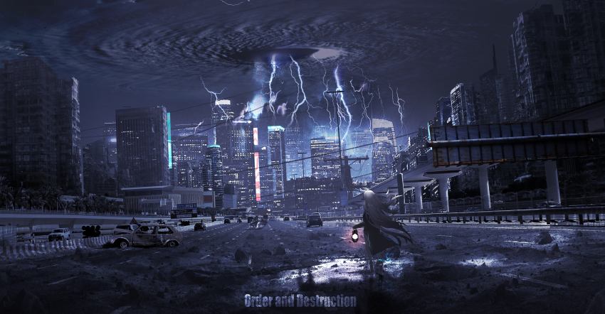 1girl abandoned absurdres black_cloak boots building car chinese_commentary city cloak english_text facing_away grey_boots grey_hair highres highway holding holding_lantern lantern lifeline_(a384079959) lightning long_hair motor_vehicle night original scenery solo storm very_long_hair