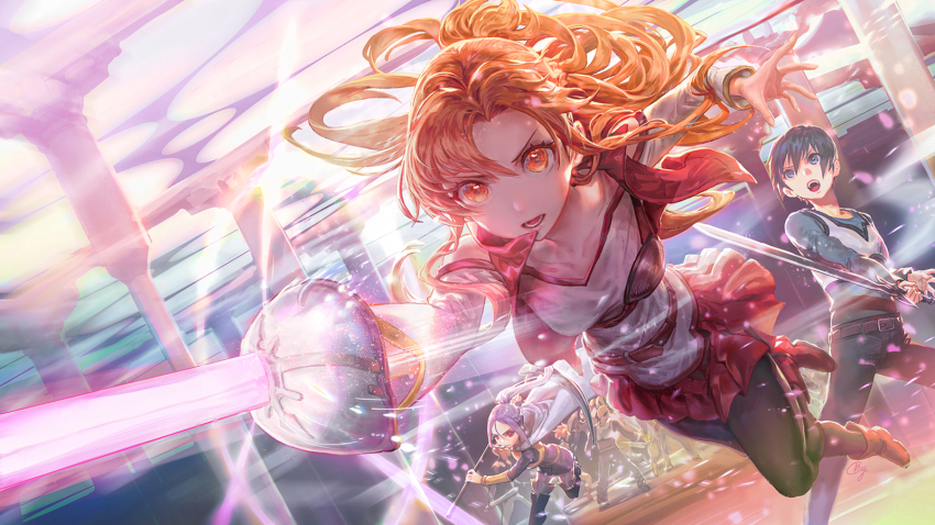 2boys 2girls asuna_(sao) b.c.n.y. black_hair blue_eyes fighting highres holding holding_sword holding_weapon kirito long_hair multiple_boys multiple_girls orange_eyes orange_hair purple_hair running sword sword_art_online unsheathed weapon yuuki_(sao) zombie