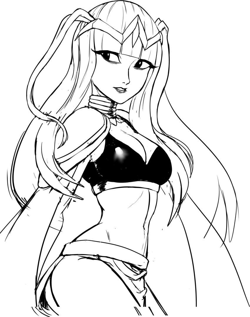 bodystocking breasts cape circlet cleavage cleft_of_venus fire_emblem fire_emblem_awakening highres large_breasts loincloth midriff navel nintendo sketch straight_bangs straight_hair tharja_(fire_emblem)