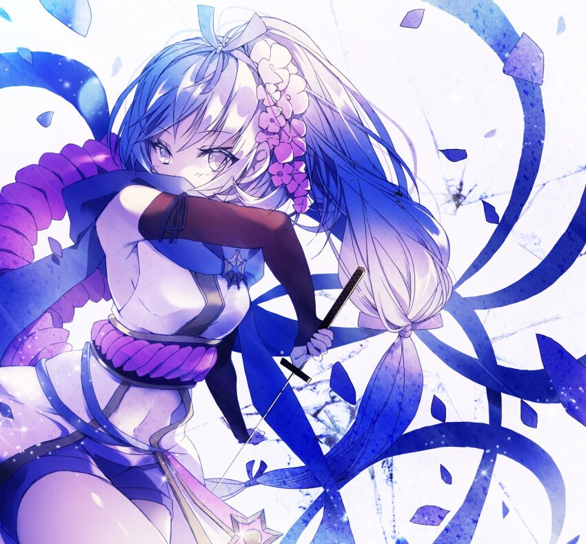 07touka25 1girl arm_warmers bare_shoulders blue_eyes blue_hair blue_shorts commentary_request covered_mouth flower hair_flower hair_ornament hair_ribbon hand_up highres holding holding_weapon japanese_clothes kimono kousetsu_samonji_(tenka_hyakken) light_blue_hair long_hair parted_bangs ribbon rope scarf shimenawa shorts side_ponytail sidelighting sleeveless snowflake_brooch solo sword tachi_(weapon) tenka_hyakken weapon white_kimono