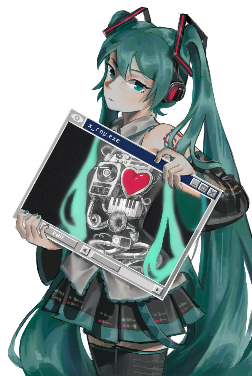 1girl android aqua_eyes aqua_hair asly-y cable cardiogram commentary detached_sleeves digital_media_player english_commentary eyelashes hatsune_miku headphones heart highres ipod long_hair machinery mixing_console pale_skin phonograph piano_keys pleated_skirt shirt shoulder_tattoo skirt sleeveless sleeveless_shirt solo tattoo thighhighs turntable twintails very_long_hair vinyl_record vocaloid window_(computing) x-ray
