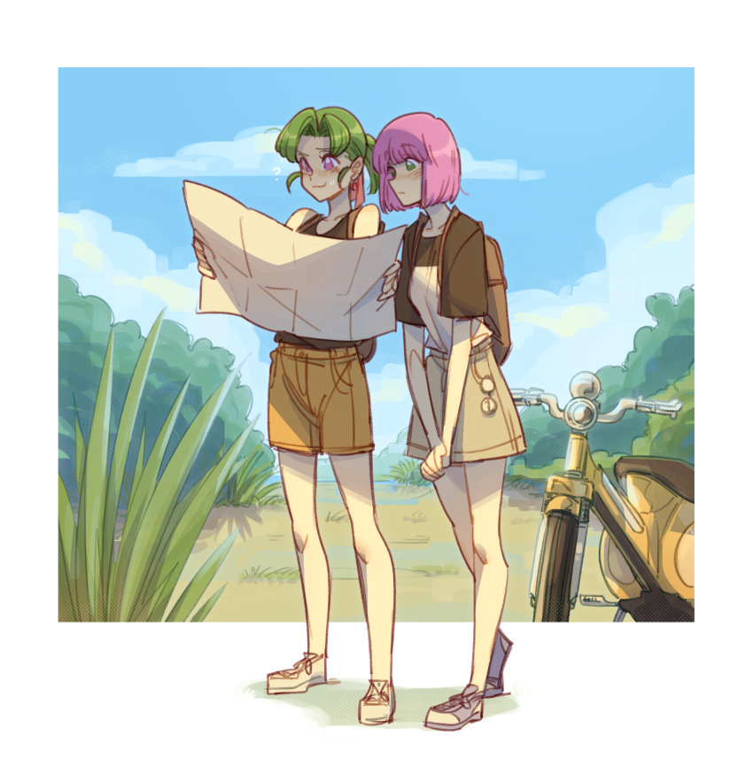 2girls backpack bag border brown_shirt brown_shorts commentary grass green_eyes green_hair gutalalaman hatsuseno_alpha highres holding holding_map map motor_vehicle motorcycle multiple_girls outdoors outside_border own_hands_together pink_eyes pink_hair ponytail shirt short_hair shorts sky standing takatsu_kokone tree white_border yokohama_kaidashi_kikou