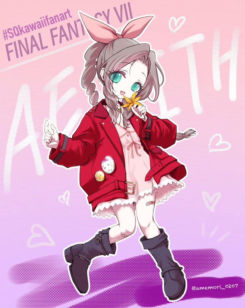 1girl absurdres aerith_gainsborough alternate_costume amemori_0207 boots braid braided_ponytail breasts brown_boots brown_hair buttons character_name chocobo choker cleavage dress final_fantasy final_fantasy_vii flower flower_choker gradient_background green_eyes hair_ribbon highres holding holding_flower jacket knees_together_feet_apart long_hair long_sleeves medium_breasts moogle open_mouth parted_bangs pink_background pink_dress pink_ribbon purple_background red_jacket ribbon short_dress sidelocks single_braid smile solo sundress twitter_username yellow_flower