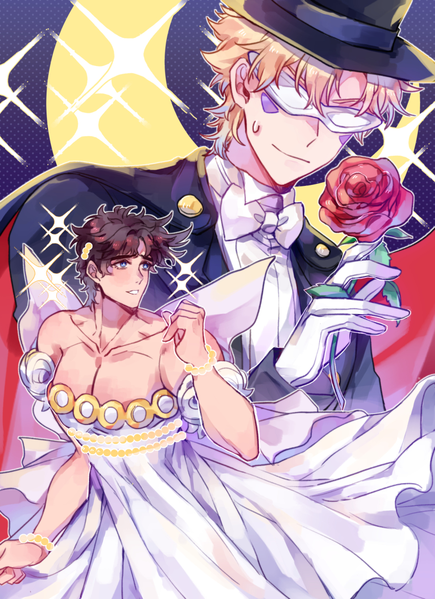2boys battle_tendency bishoujo_senshi_sailor_moon blonde_hair blue_eyes blush bow bowtie bracelet brown_hair caesar_anthonio_zeppeli cosplay crossdressing crossdressing_(mtf) dress dress_bow facial_mark flower glasses gloves hat highres jewelry jojo_no_kimyou_na_bouken male_focus multiple_boys off-shoulder_dress off_shoulder pectoral_cleavage pectorals red_flower red_rose rose sailor_moon sailor_moon_(cosplay) sky_kiki sparkle sweatdrop top_hat tuxedo tuxedo_kamen tuxedo_kamen_(cosplay) white_dress white_gloves