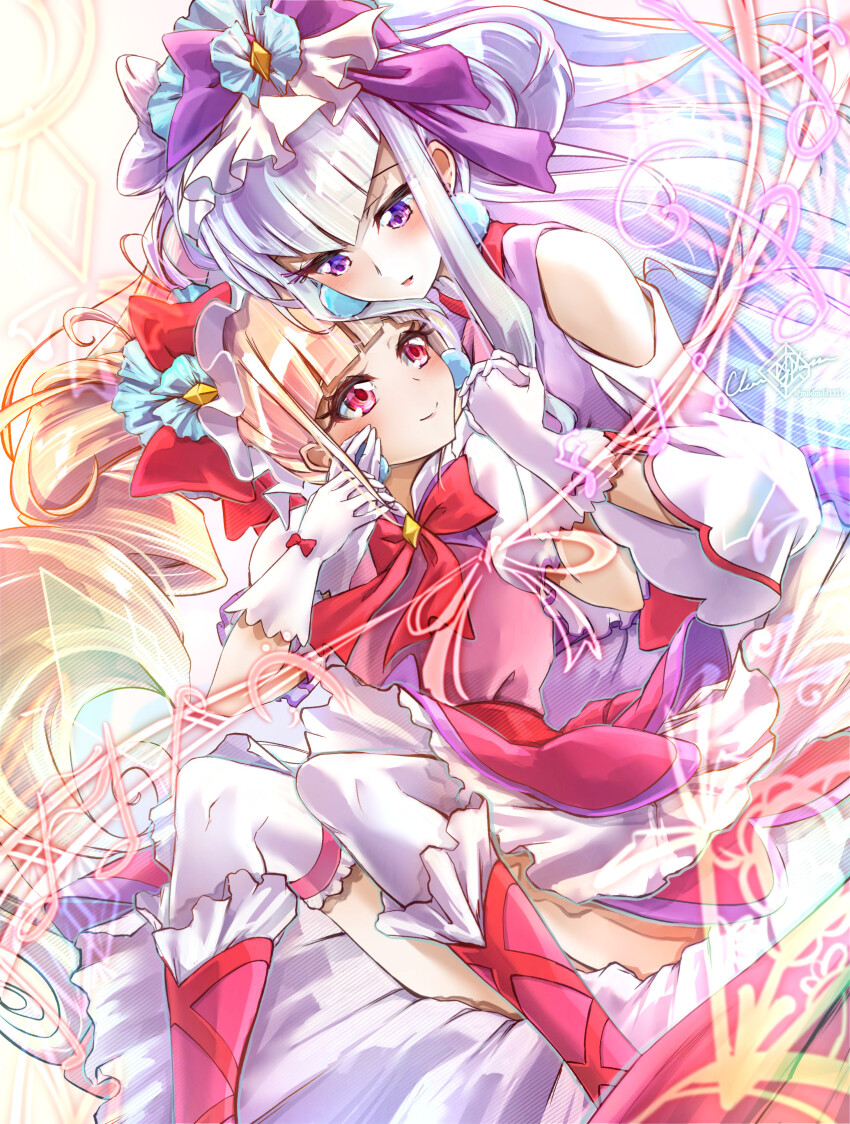 2girls aisaki_emiru ascot blonde_hair boots bow clear_glass_(mildmild1311) clover_earrings cone_hair_bun cure_amour cure_macherie dress drill_hair earrings frilled_boots frills gloves hair_bow hair_bun hair_ornament heart_pouch highres hugtto!_precure jewelry layered_dress long_hair looking_at_another magical_girl multiple_girls musical_note pink_ascot pom_pom_(clothes) pom_pom_earrings precure puffy_sleeves purple_ascot purple_bow purple_dress purple_eyes purple_hair red_bow red_eyes ruru_amour short_sleeves smile thighhighs twin_drills twintails very_long_hair white_gloves