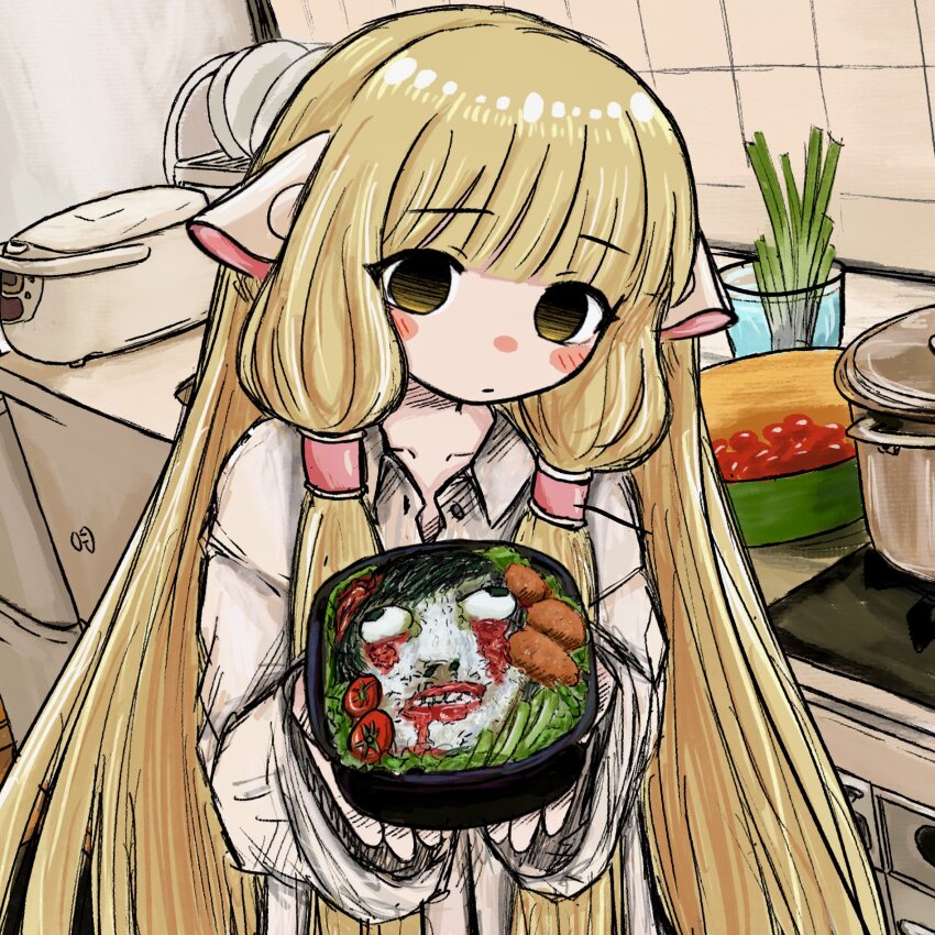 bento blonde_hair blunt_bangs blush blush_stickers bubbacterial chii chobits expressionless hair_tubes highres holding_bento indoors long_hair own_hands_together robot robot_ears sauce spring_onion tomato very_long_hair yellow_eyes