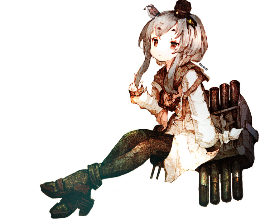 1girl anchor animal animal_on_head bird bird_on_head black_pantyhose brown_eyes dress female_focus full_body gradient_filter grey_hair gurin33 hat kantai_collection long_sleeves mini_hat on_head pantyhose rigging sailor_collar sailor_dress shirt short_eyebrows short_hair_with_long_locks sidelocks simple_background solo thick_eyebrows tied_shirt tokitsukaze_(kancolle) torpedo twitter_username white_background yellow_neckwear